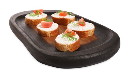 Photo of Delicious bruschettas with fresh ricotta (cream cheese), tomato and dill isolated on white