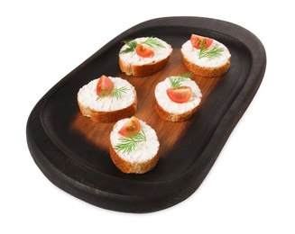 Photo of Delicious bruschettas with fresh ricotta (cream cheese), tomato and dill isolated on white