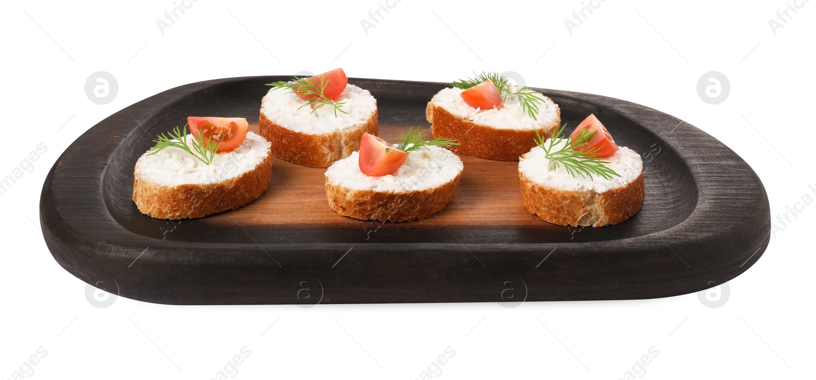 Photo of Delicious bruschettas with fresh ricotta (cream cheese), tomato and dill isolated on white