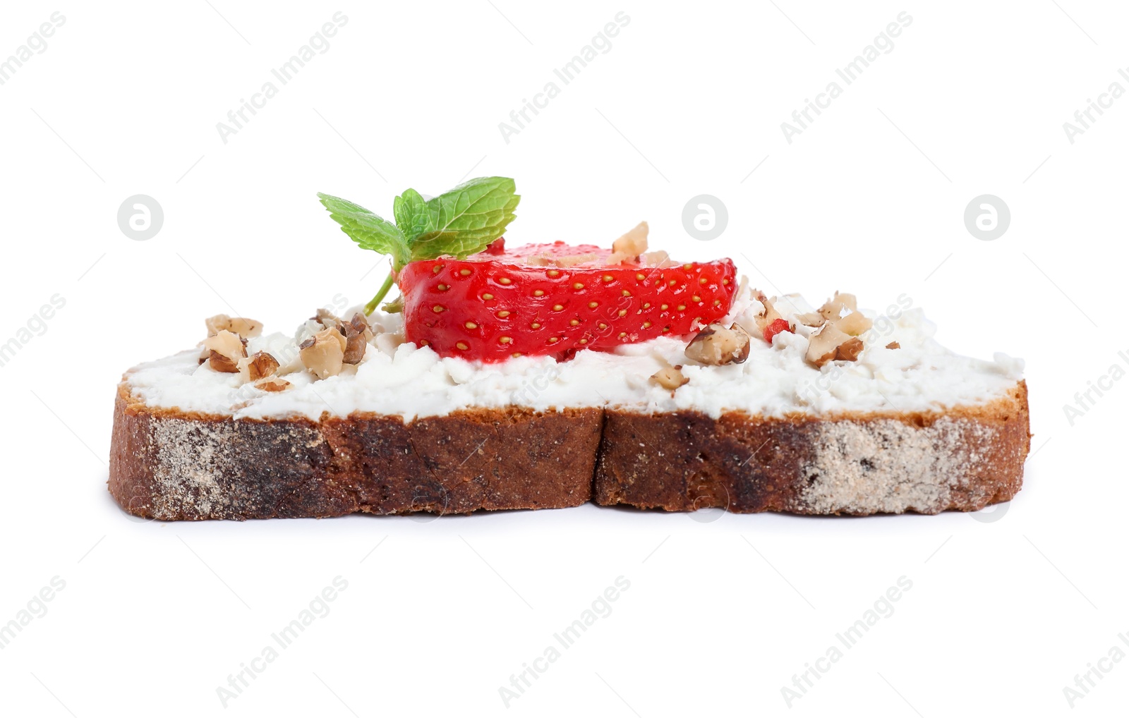 Photo of Delicious bruschetta with fresh ricotta (cream cheese), walnuts, strawberry and mint isolated on white