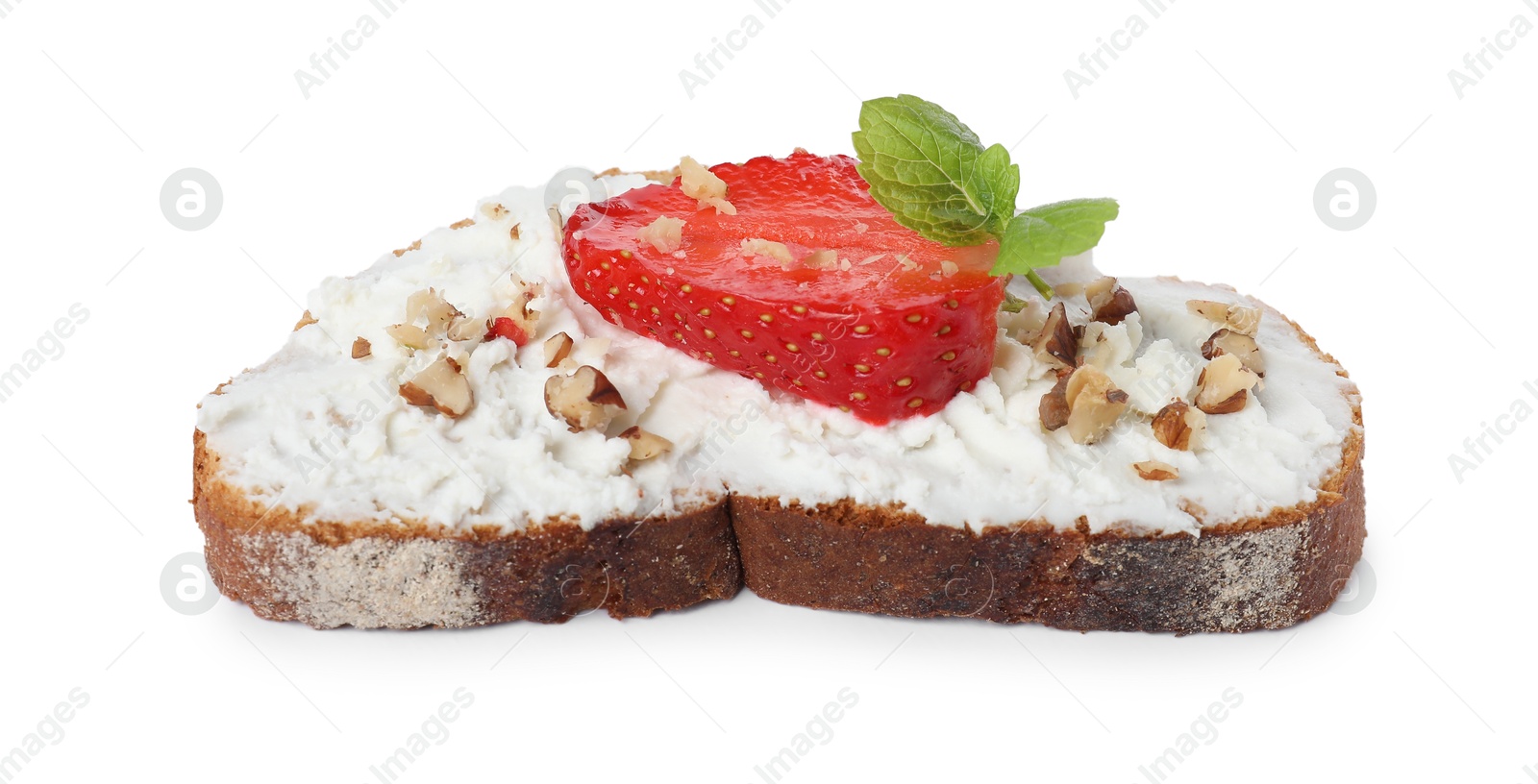 Photo of Delicious bruschetta with fresh ricotta (cream cheese), walnuts, strawberry and mint isolated on white