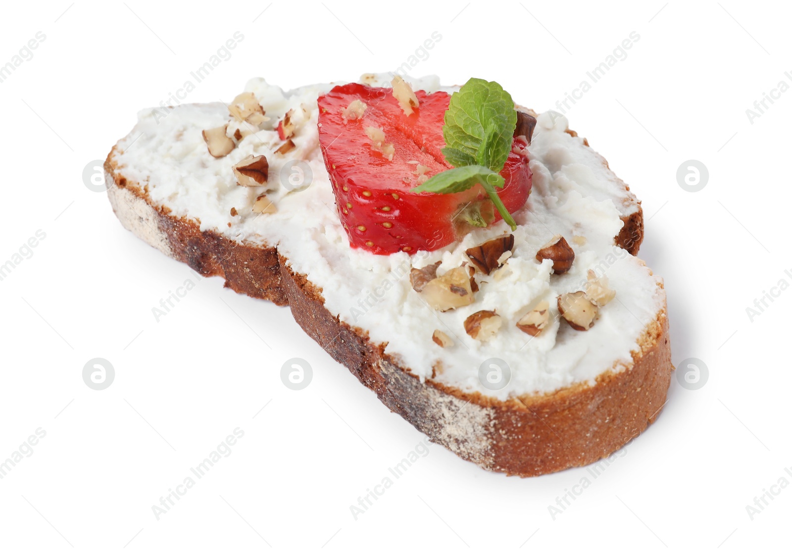 Photo of Delicious bruschetta with fresh ricotta (cream cheese), walnuts, strawberry and mint isolated on white