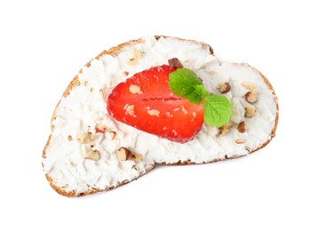 Photo of Delicious bruschetta with fresh ricotta (cream cheese), walnuts, strawberry and mint isolated on white, top view