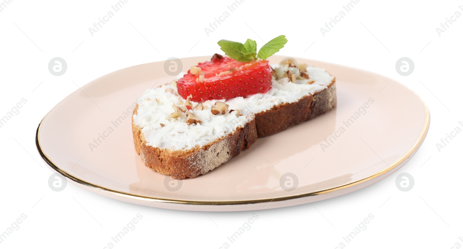 Photo of Delicious bruschetta with fresh ricotta (cream cheese), walnuts, strawberry and mint isolated on white