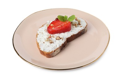 Photo of Delicious bruschetta with fresh ricotta (cream cheese), walnuts, strawberry and mint isolated on white