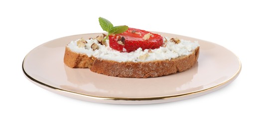 Photo of Delicious bruschetta with fresh ricotta (cream cheese), walnuts, strawberry and mint isolated on white