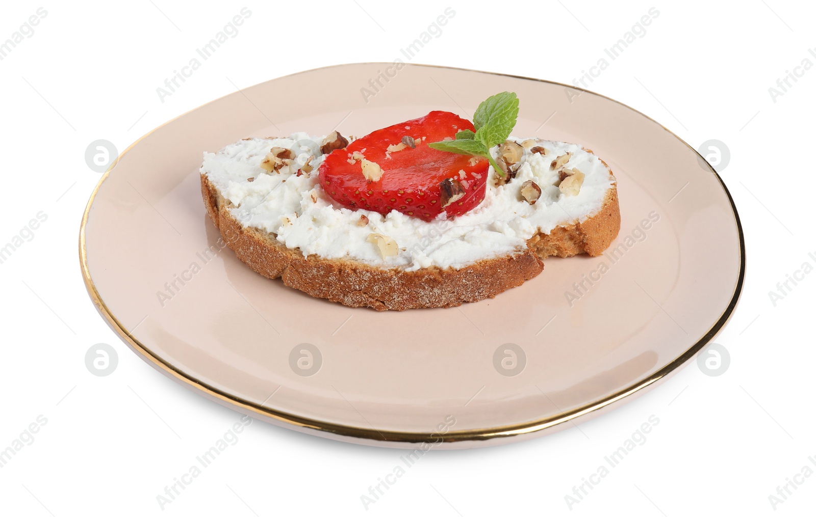 Photo of Delicious bruschetta with fresh ricotta (cream cheese), walnuts, strawberry and mint isolated on white