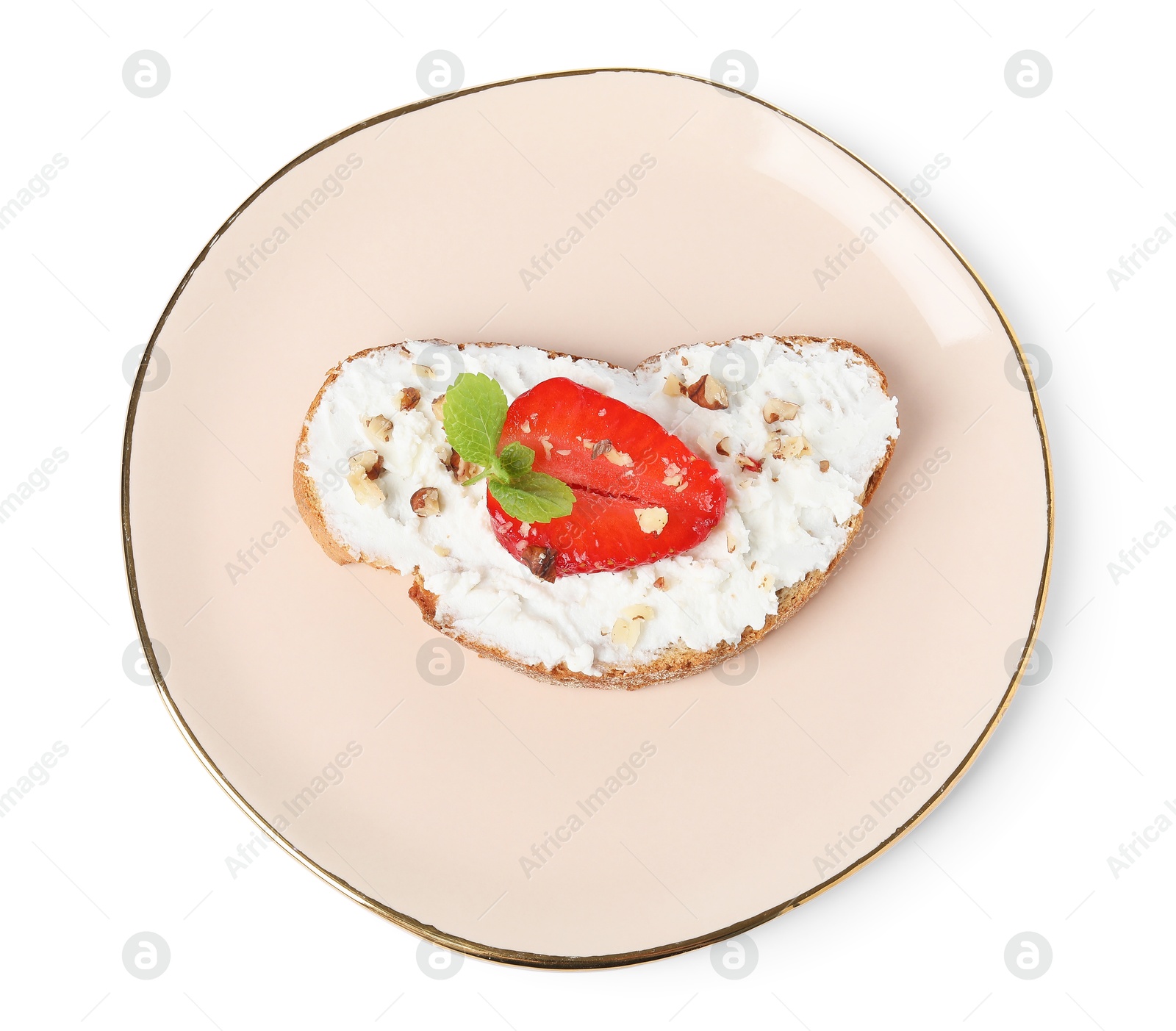 Photo of Delicious bruschetta with fresh ricotta (cream cheese), walnuts, strawberry and mint isolated on white, top view