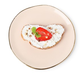 Photo of Delicious bruschetta with fresh ricotta (cream cheese), walnuts, strawberry and mint isolated on white, top view