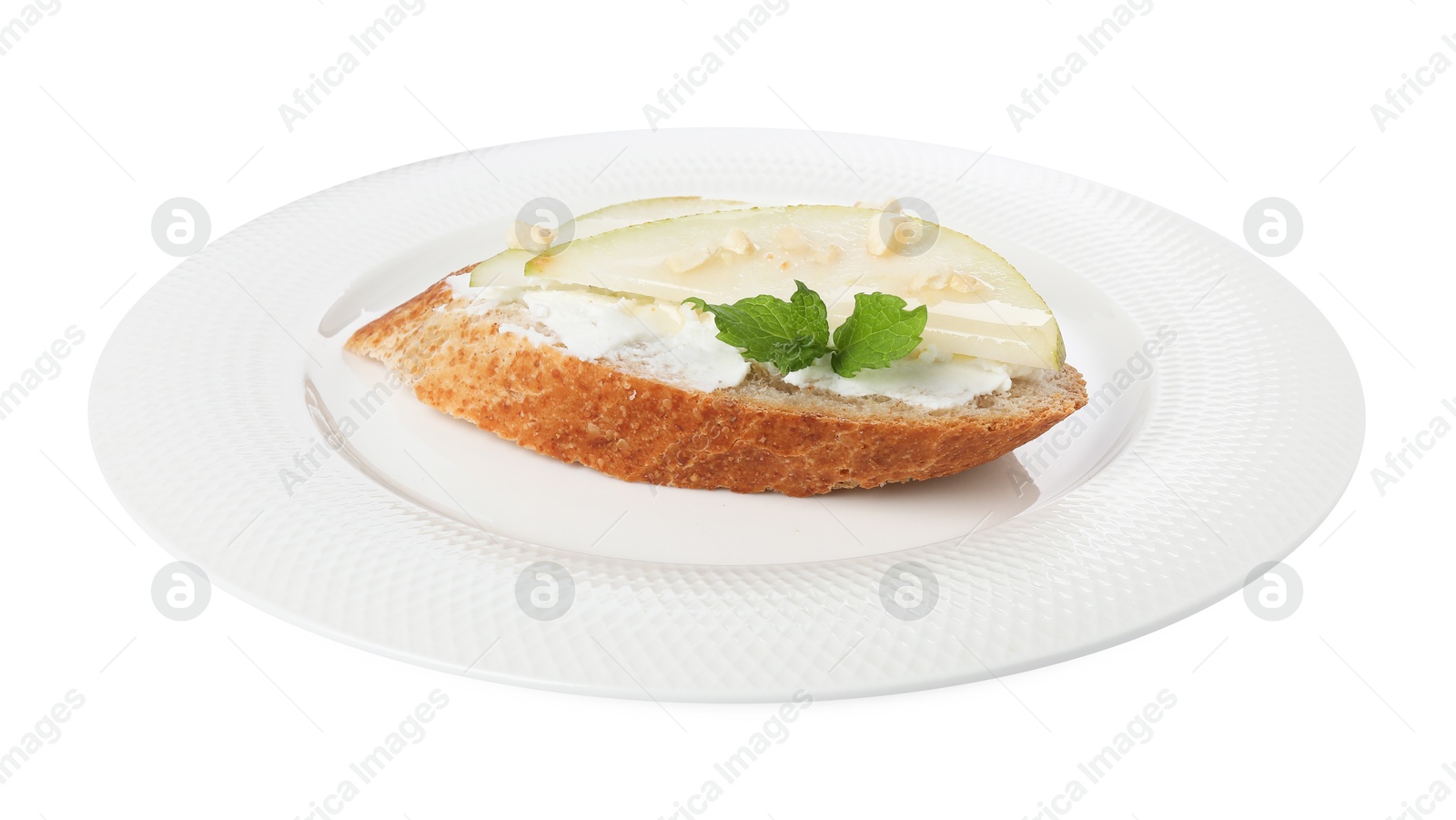 Photo of Delicious bruschetta with fresh ricotta (cream cheese), walnuts, mint and pear isolated on white