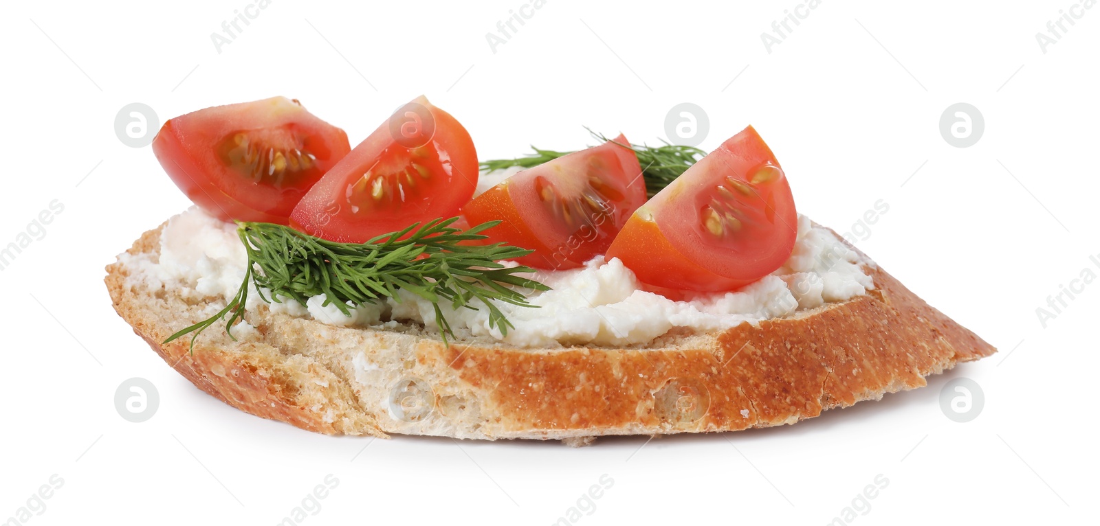 Photo of Delicious bruschetta with fresh ricotta (cream cheese), tomato and dill isolated on white