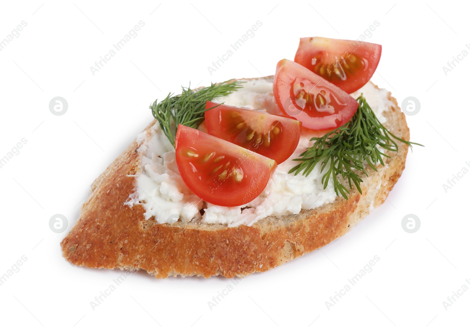 Photo of Delicious bruschetta with fresh ricotta (cream cheese), tomato and dill isolated on white