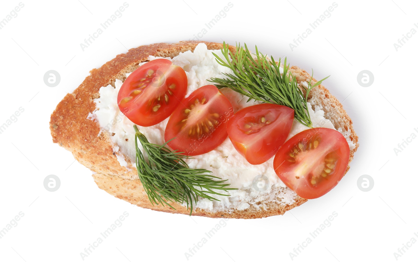 Photo of Delicious bruschetta with fresh ricotta (cream cheese), tomato and dill isolated on white, top view