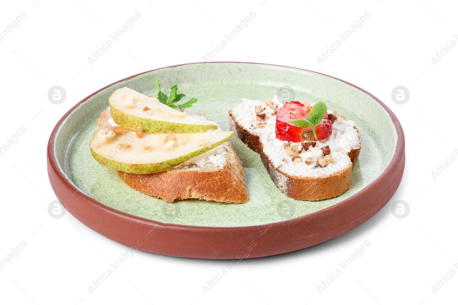 Photo of Delicious bruschettas with fresh ricotta (cream cheese), mint, strawberry and pear isolated on white