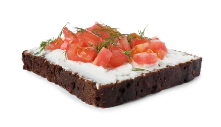 Photo of Delicious bruschetta with fresh ricotta (cream cheese), tomato and dill isolated on white