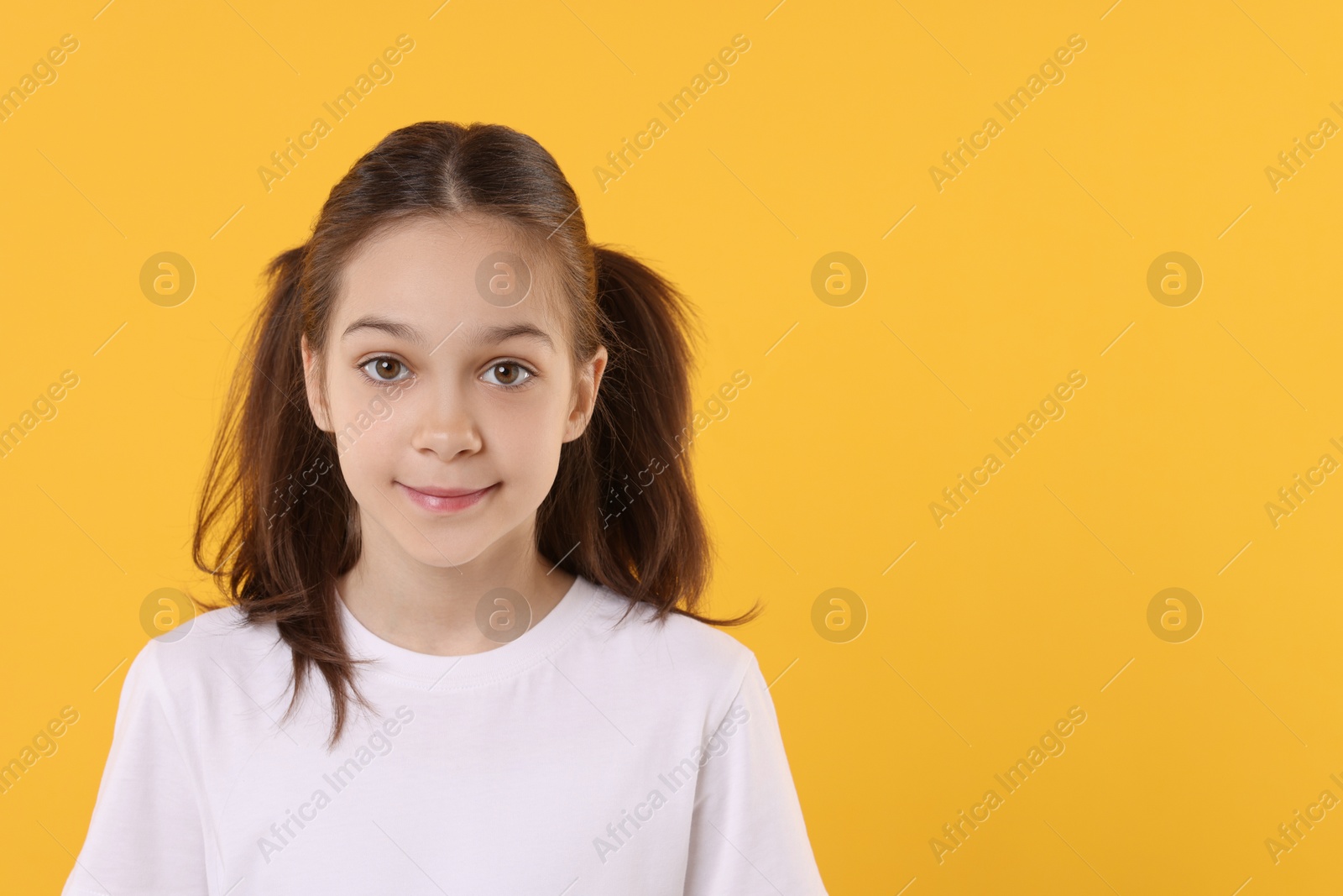 Photo of Portrait of beautiful girl on orange background, space for text