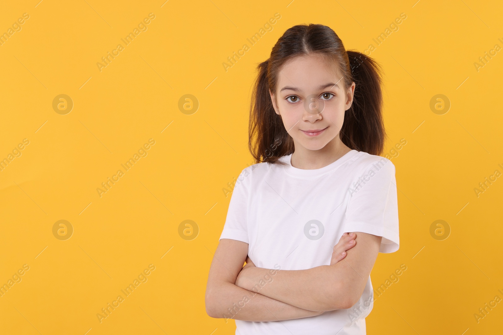 Photo of Portrait of beautiful girl on orange background, space for text