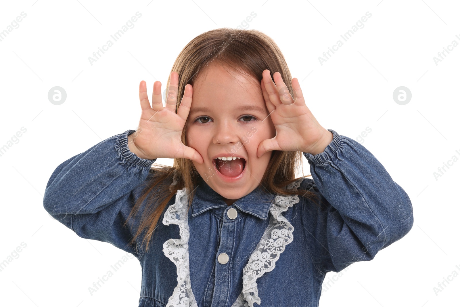 Photo of Portrait of emotional little girl on white background