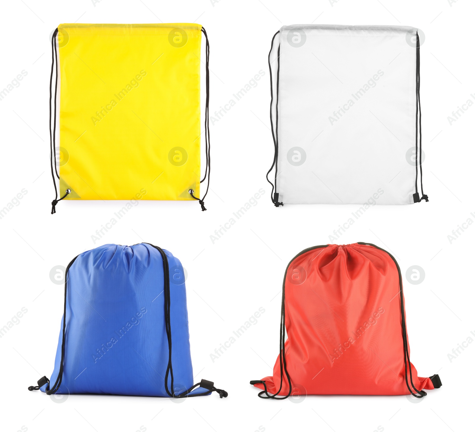 Image of Sports drawstring bags in different colors isolated on white, set