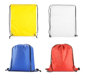 Sports drawstring bags in different colors isolated on white, set