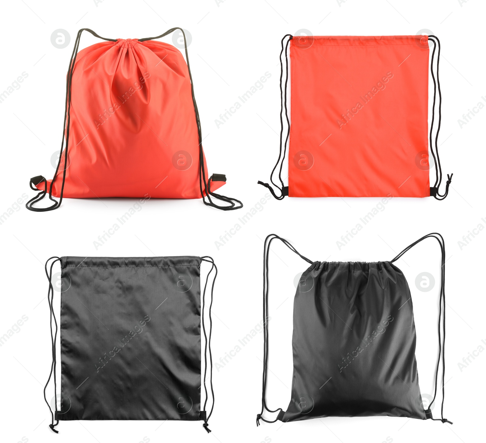 Image of Sports drawstring bags in different colors isolated on white, set