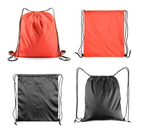 Sports drawstring bags in different colors isolated on white, set