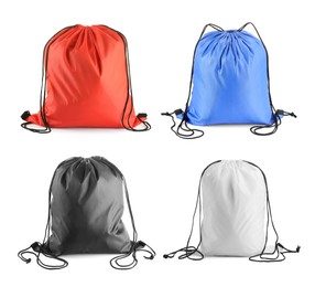 Image of Sports drawstring bags in different colors isolated on white, set