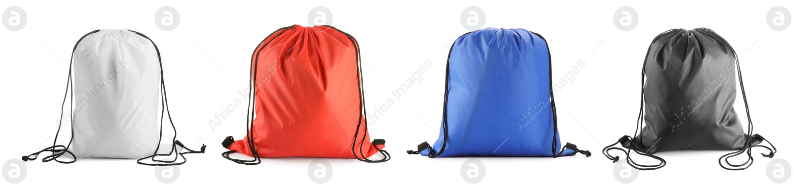 Image of Sports drawstring bags in different colors isolated on white, set