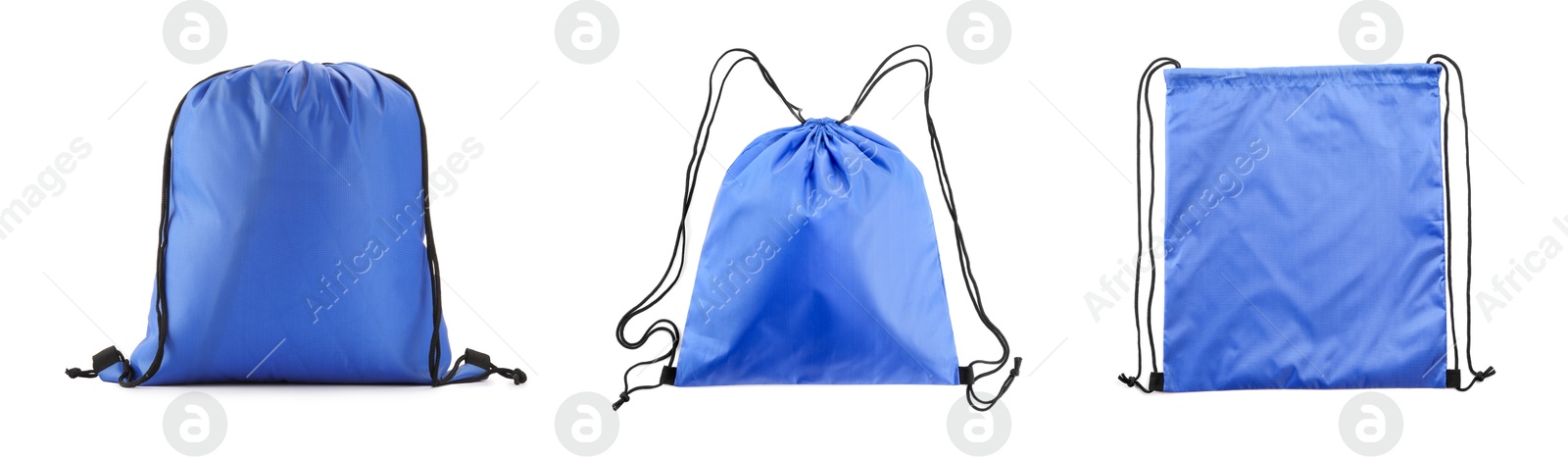 Image of Blue drawstring sports bags isolated on white, set