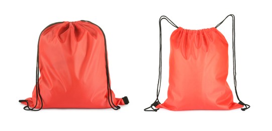 Image of Red drawstring sports bags isolated on white