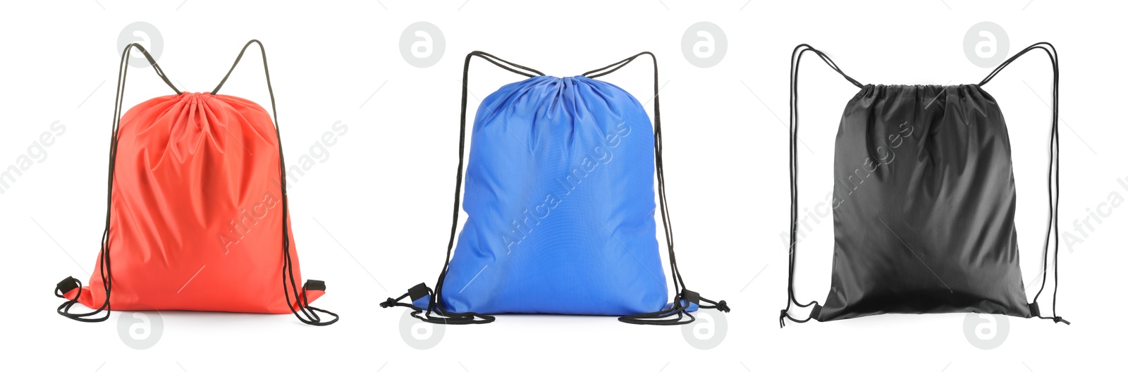 Image of Sports drawstring bags in different colors isolated on white, set