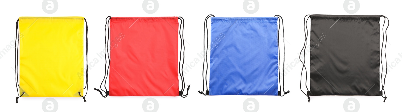 Image of Sports drawstring bags in different colors isolated on white, set