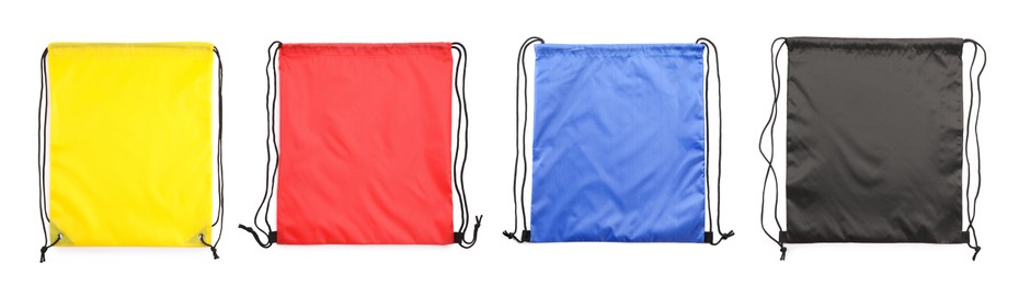 Image of Sports drawstring bags in different colors isolated on white, set