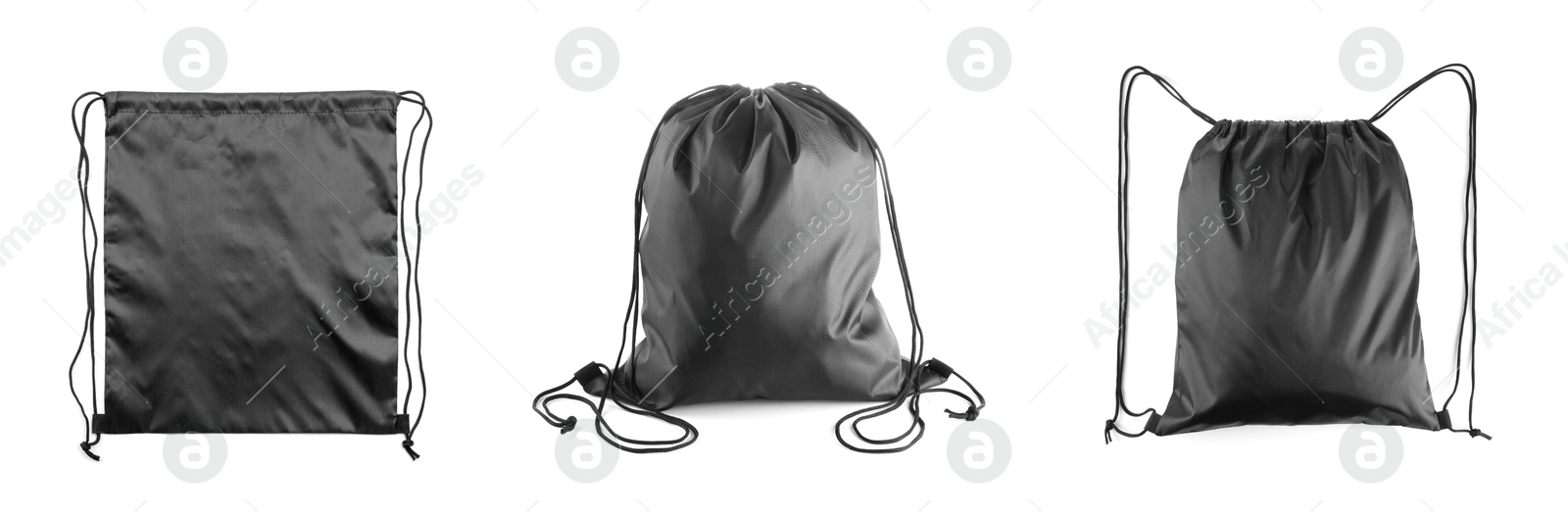 Image of Black drawstring sports bags isolated on white, set