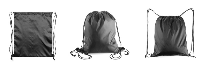 Black drawstring sports bags isolated on white, set