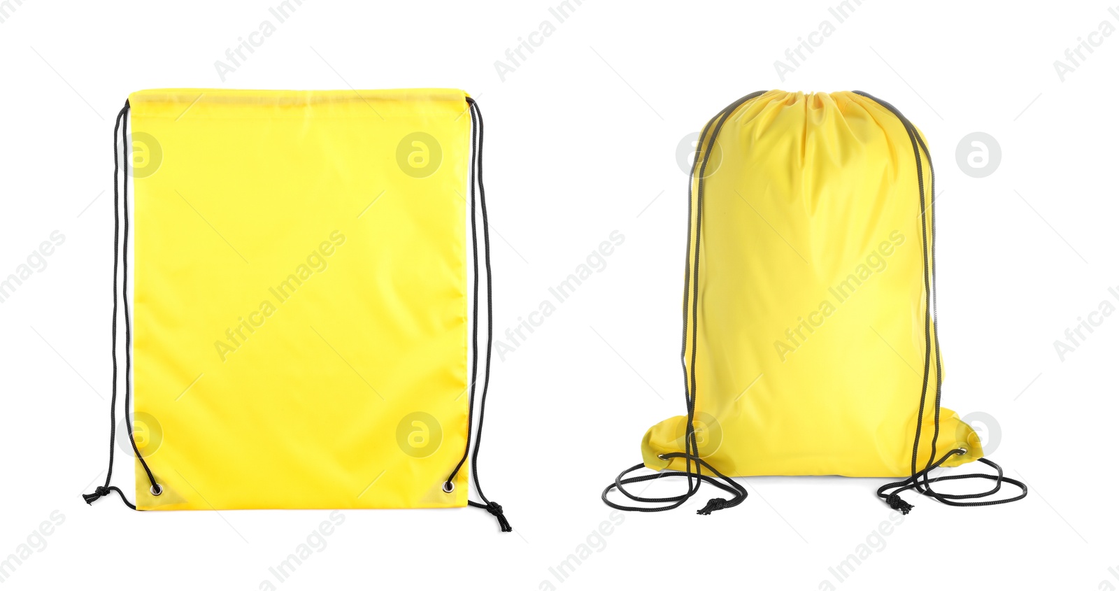 Image of Yellow drawstring sports bags isolated on white. Full and empty one