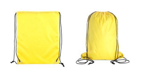 Image of Yellow drawstring sports bags isolated on white. Full and empty one