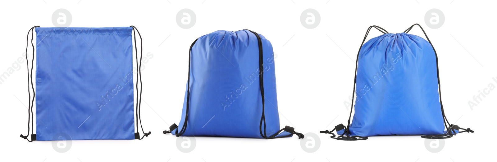 Image of Blue drawstring sports bags isolated on white, set