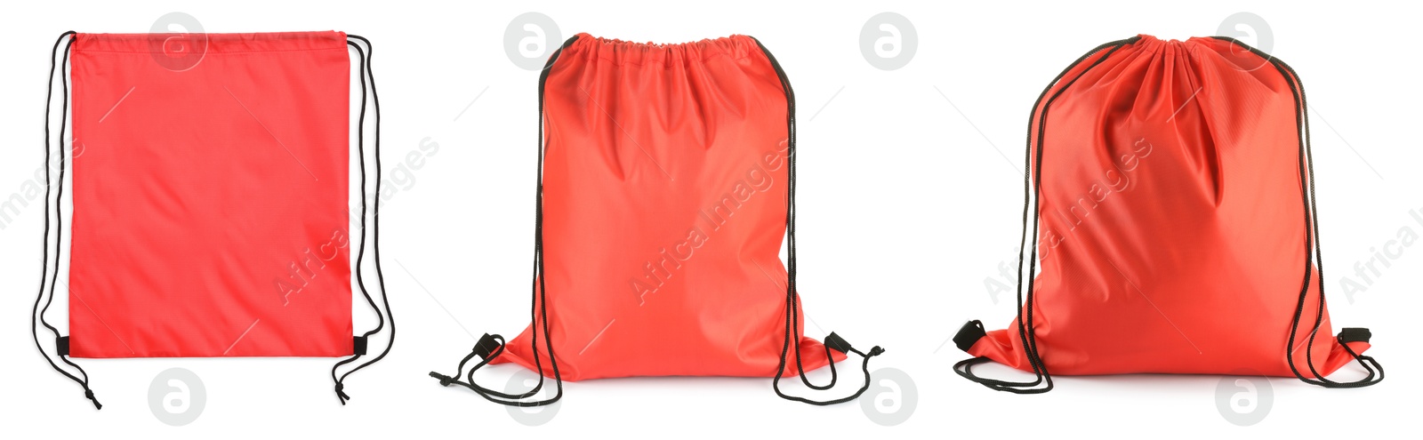 Image of Red drawstring sports bags isolated on white, set