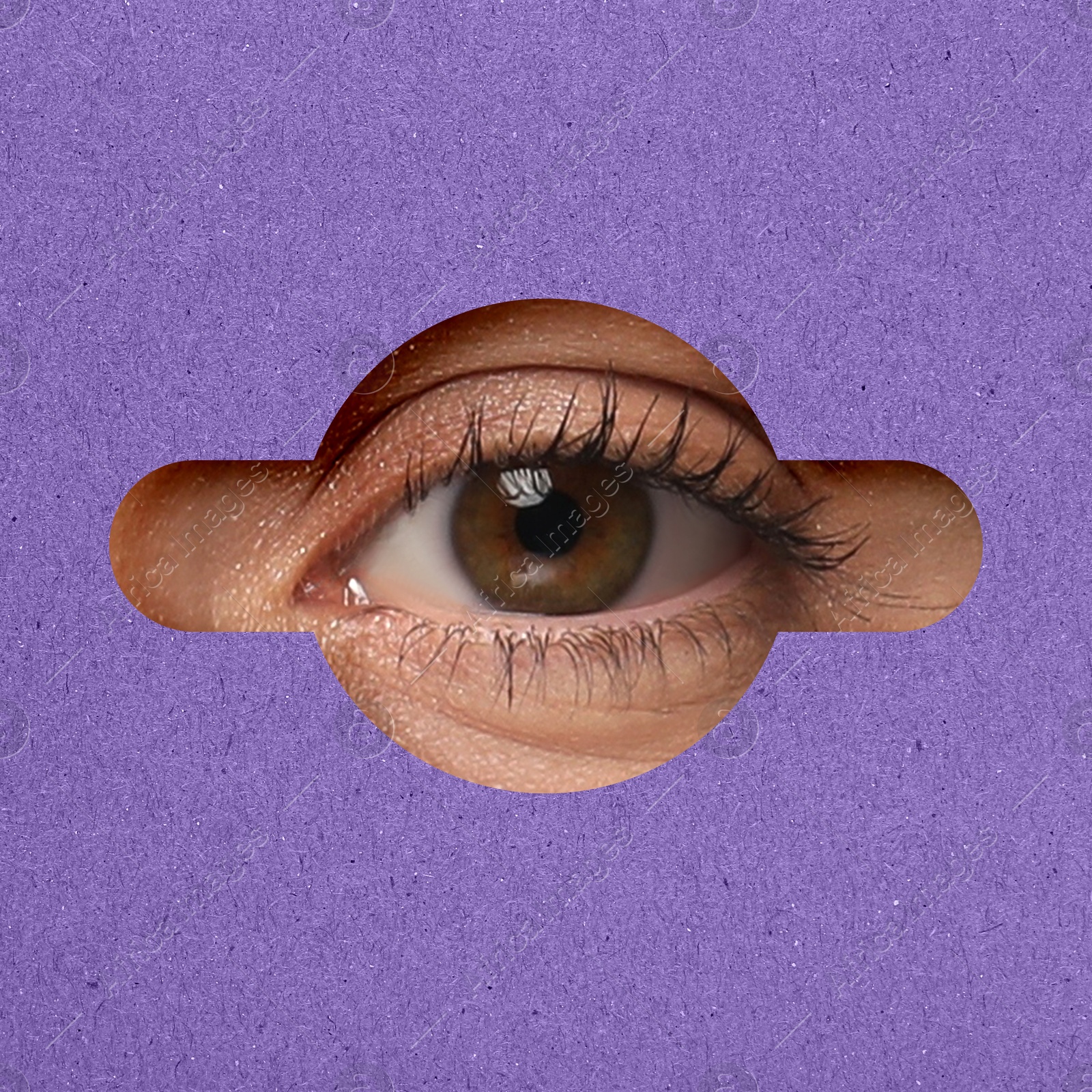 Image of Woman looking through keyhole in violet surface