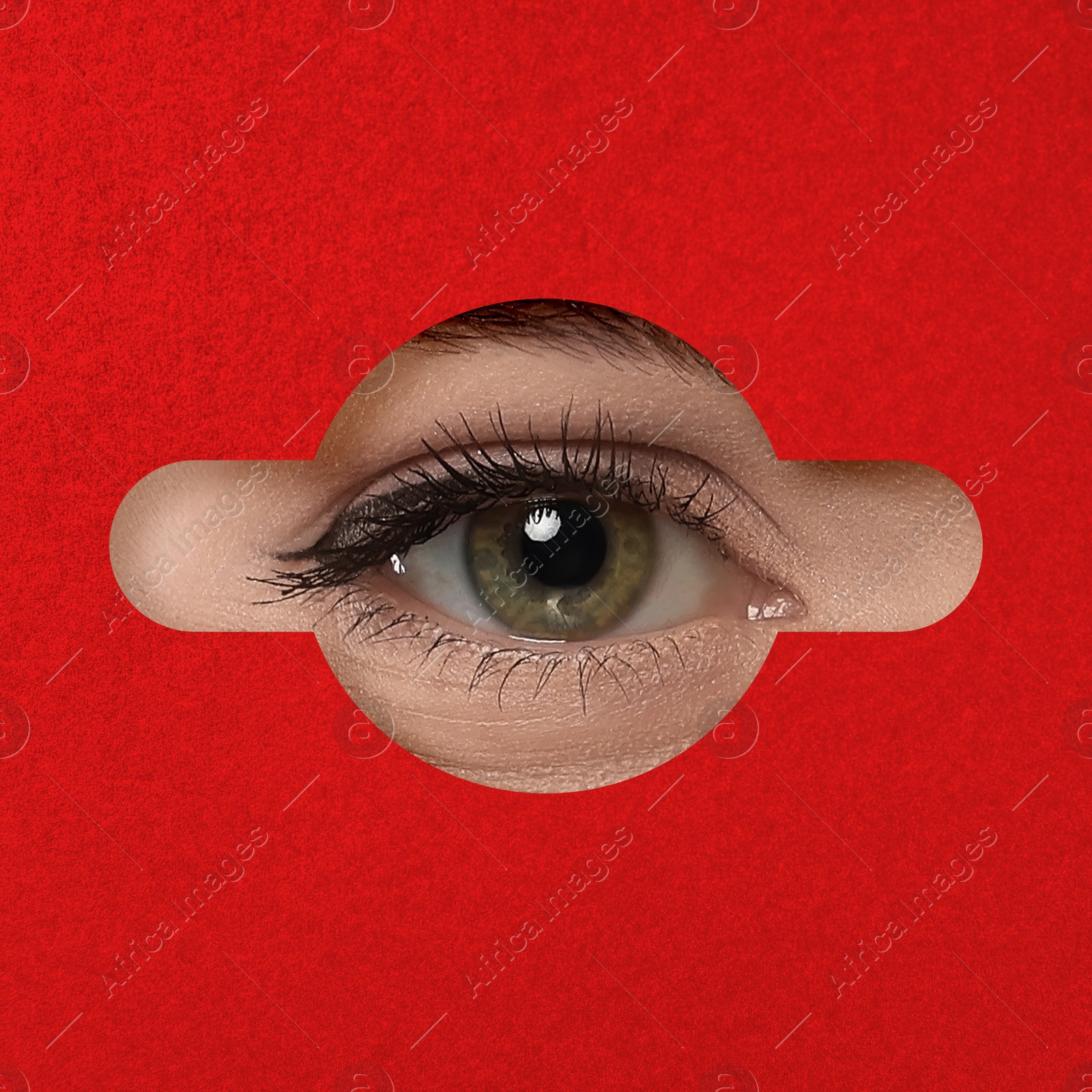 Image of Woman looking through keyhole in red surface
