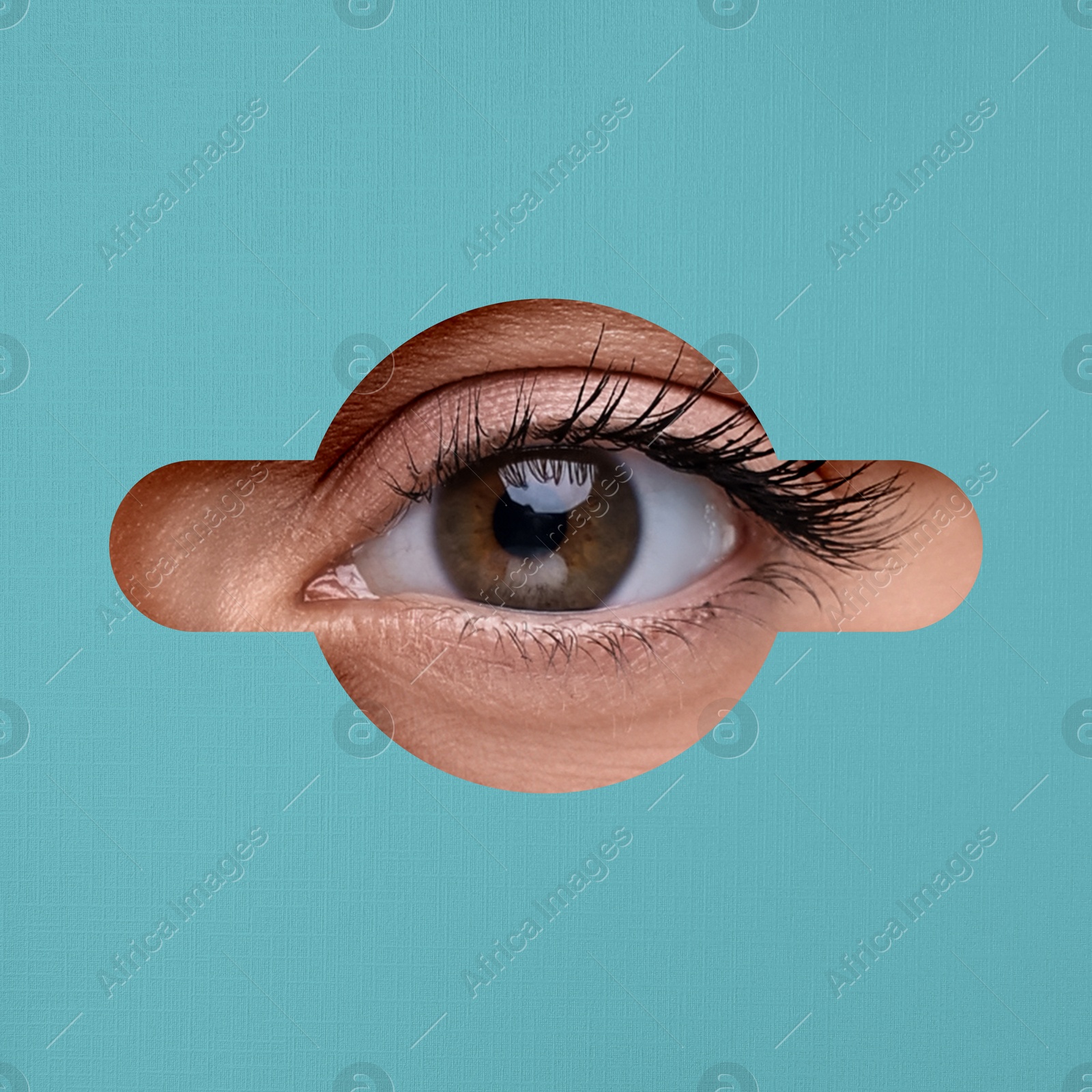 Image of Woman looking through keyhole in light blue surface