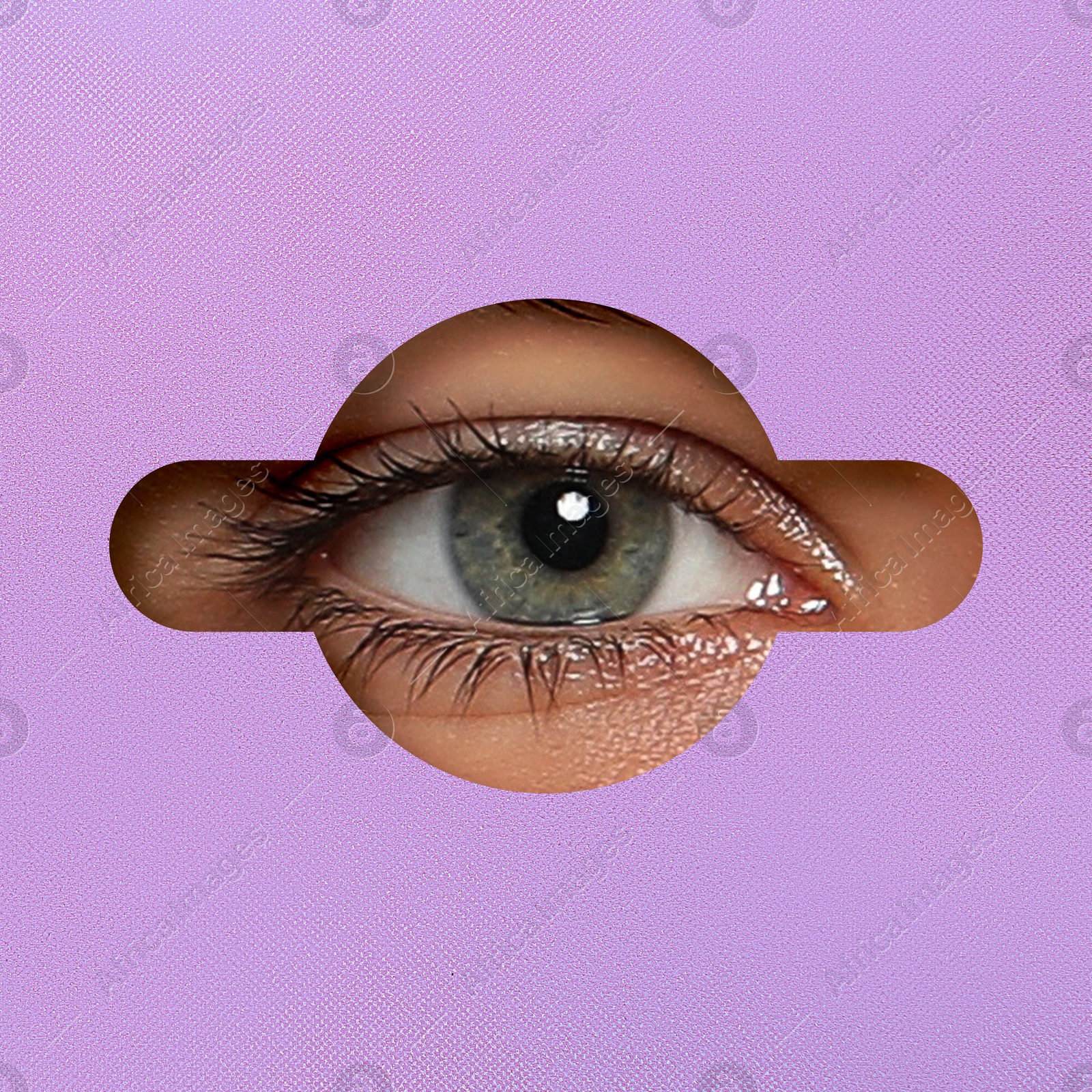 Image of Woman looking through keyhole in violet surface