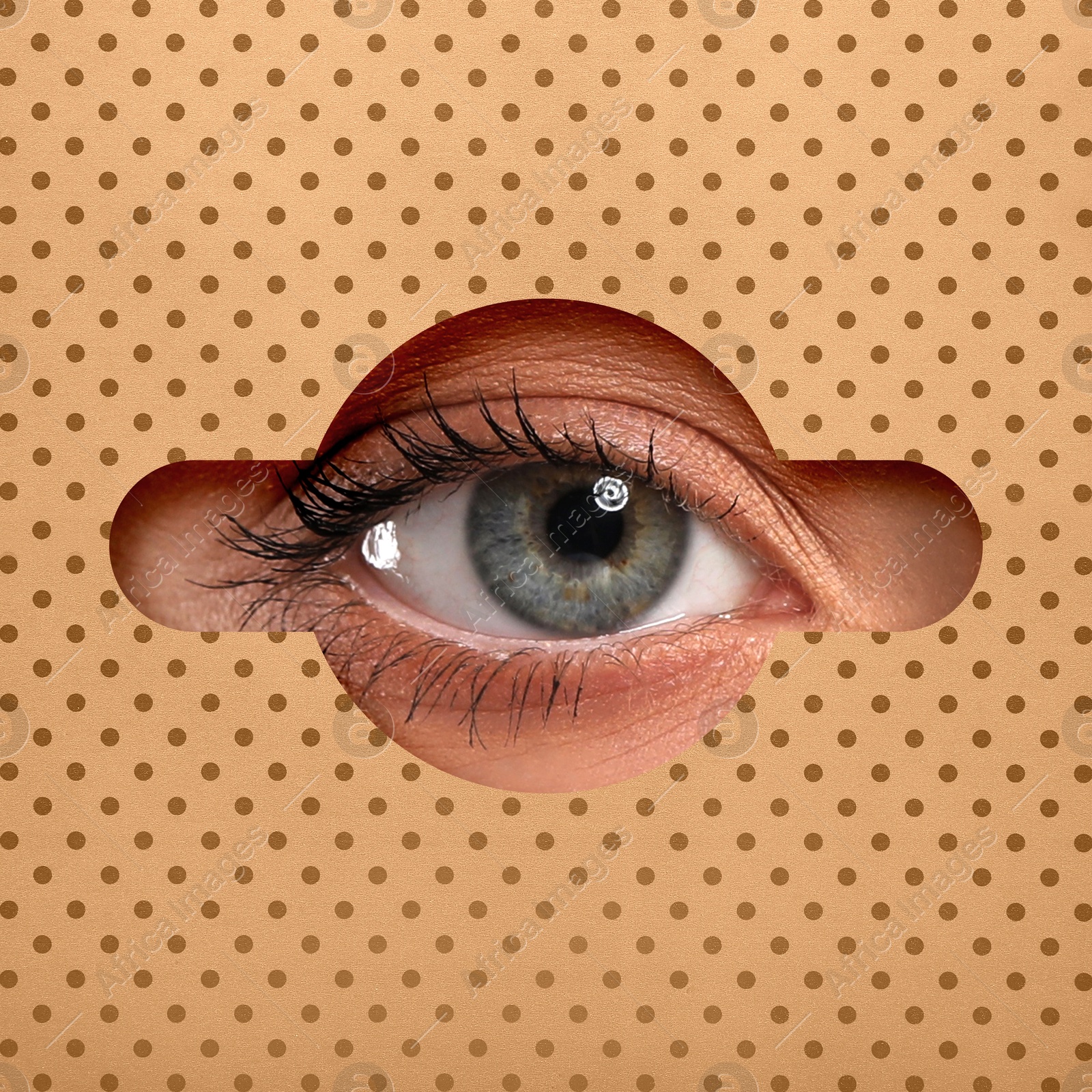 Image of Woman looking through keyhole in beige dotted surface