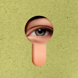 Image of Woman looking through keyhole in olive surface