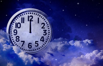 Image of Clock and night starry sky, double exposure. Time concept