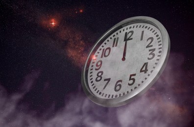 Clock and night starry sky, double exposure. Time concept