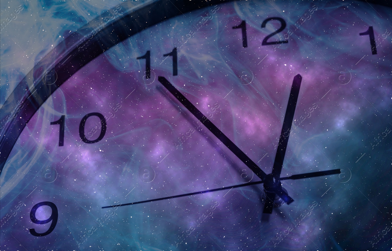 Image of Clock and night starry sky, double exposure. Time concept