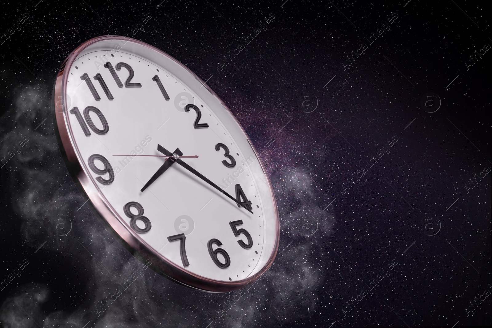 Image of Clock against night starry sky, space for text, Time concept