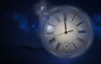 Image of Chronometer and night starry sky, double exposure. Time concept